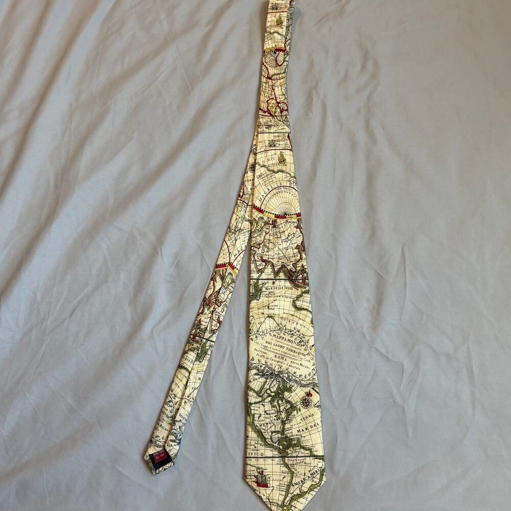 Handmade Cream/Multicolored, Antique Map Print, Silk Tie